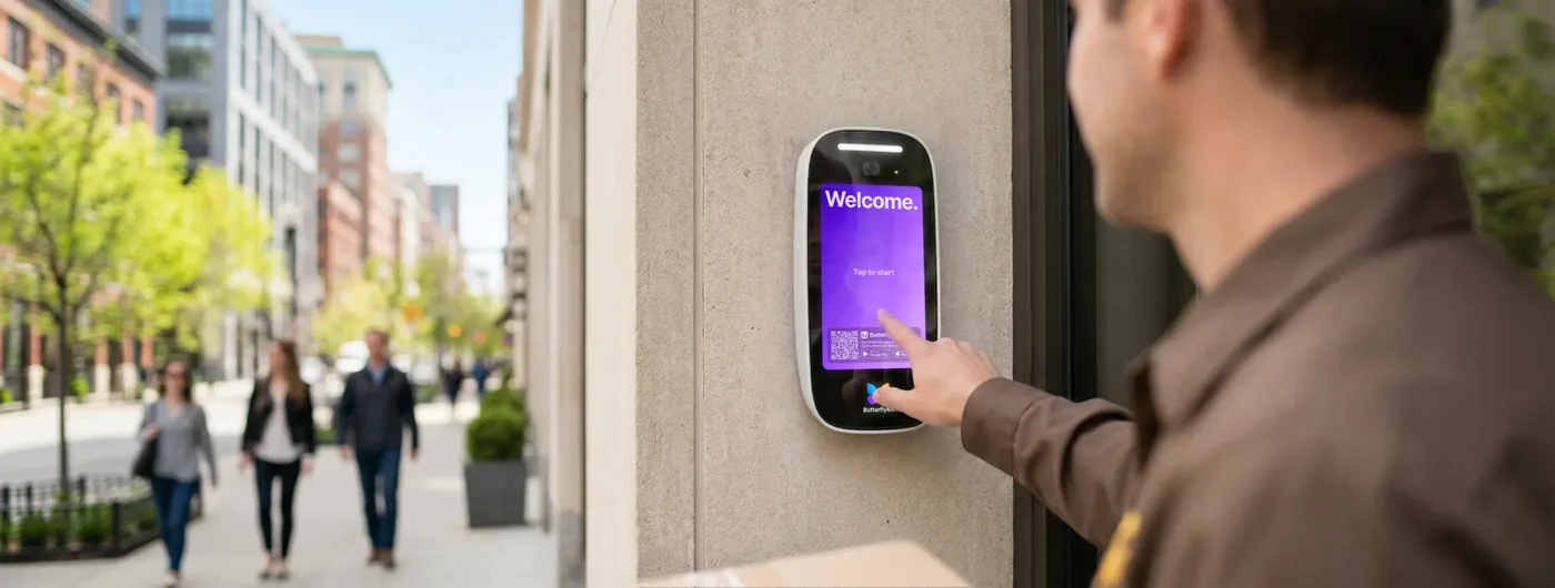 ButterflyMX 8-inch video intercom at a building entrance